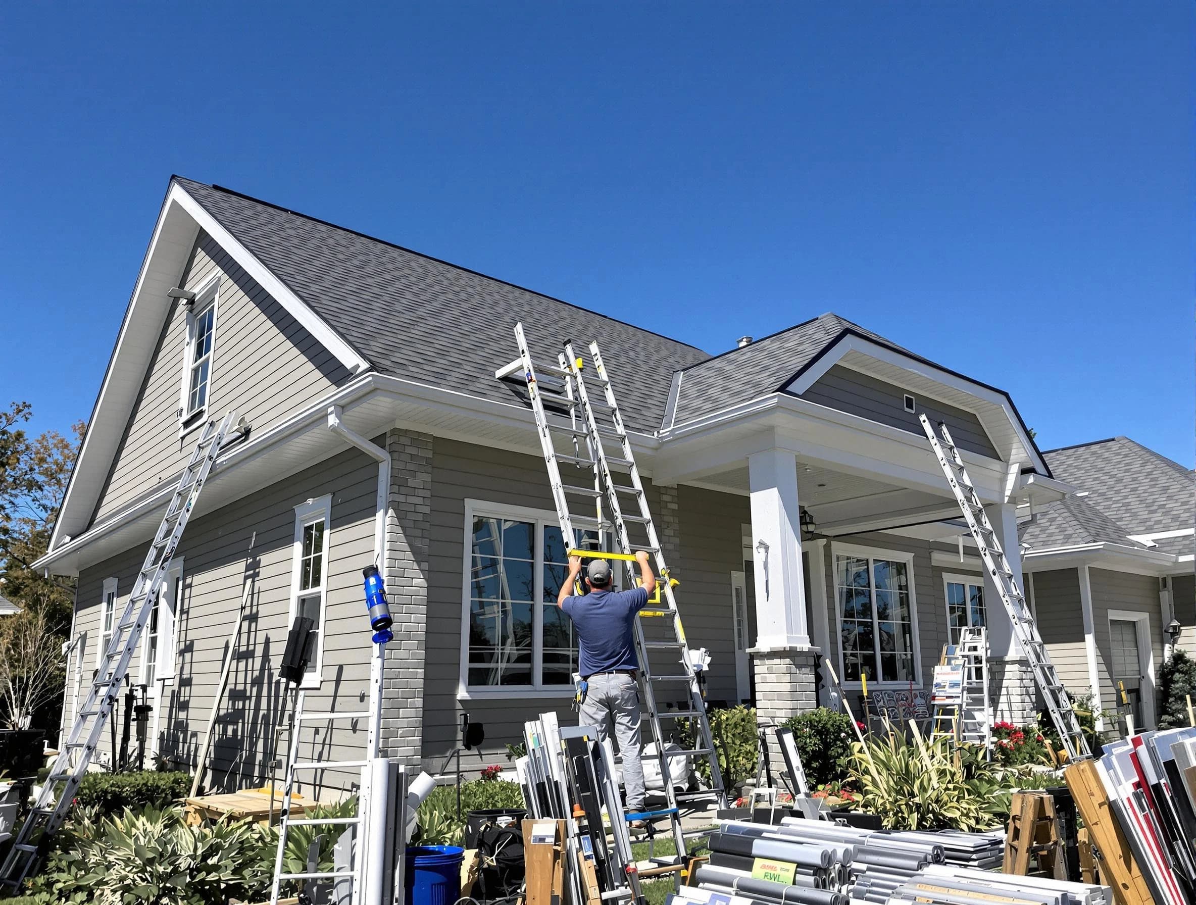 Beachwood Roofing Company fitting rain gutters at a home in Beachwood, OH