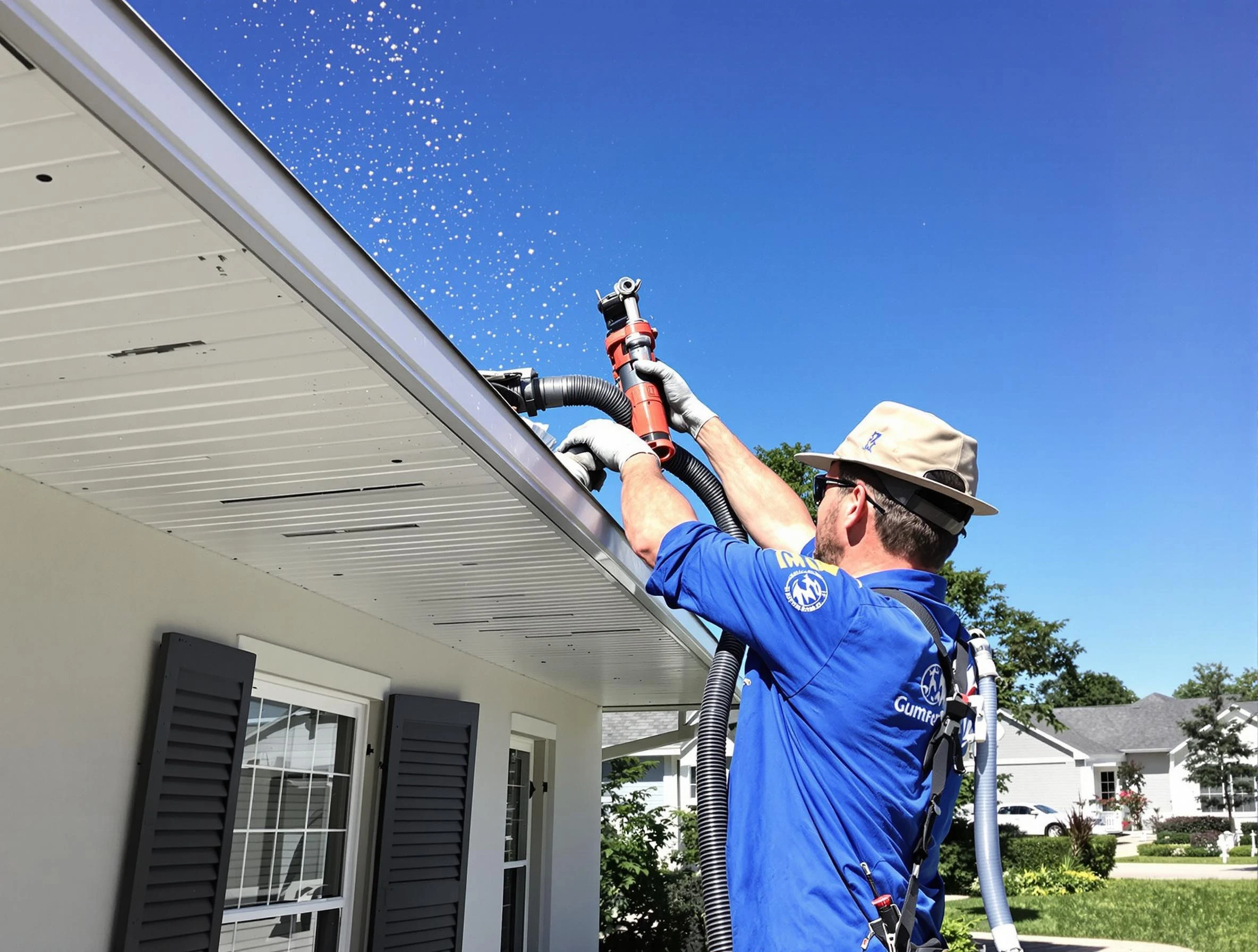 Technician completing a gutter cleaning project by Beachwood Roofing Company in Beachwood, OH