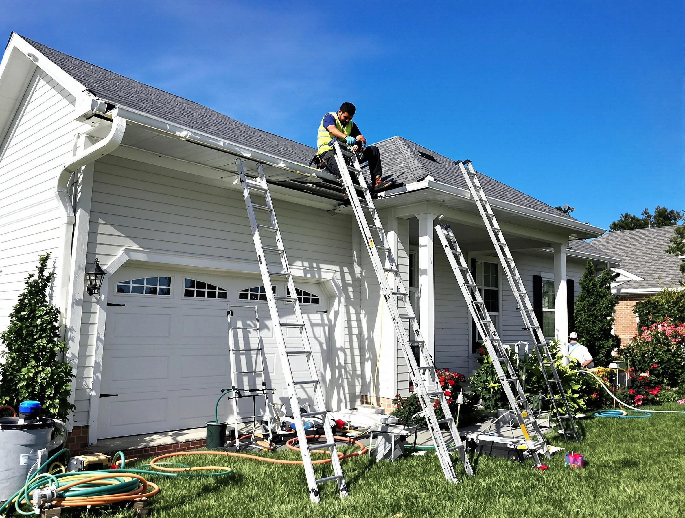 Removal of old gutters by Beachwood Roofing Company to install new system in Beachwood, OH